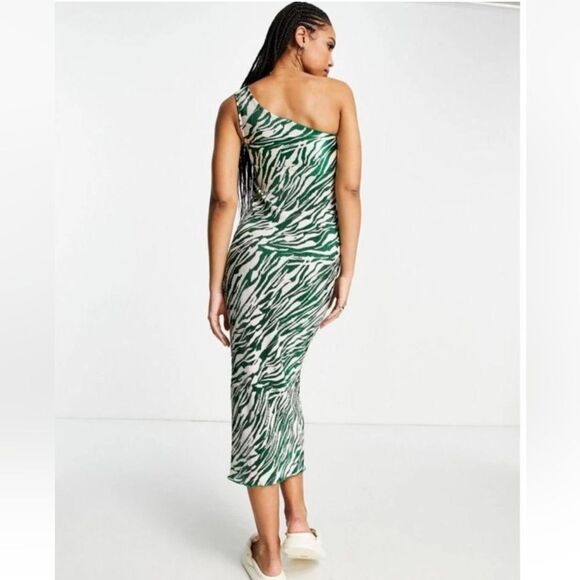 ASOS NEW Plissé Green Zebra One Shoulder Stretchy Accordion Maxi Dress Size 12 - Picture 3 of 7